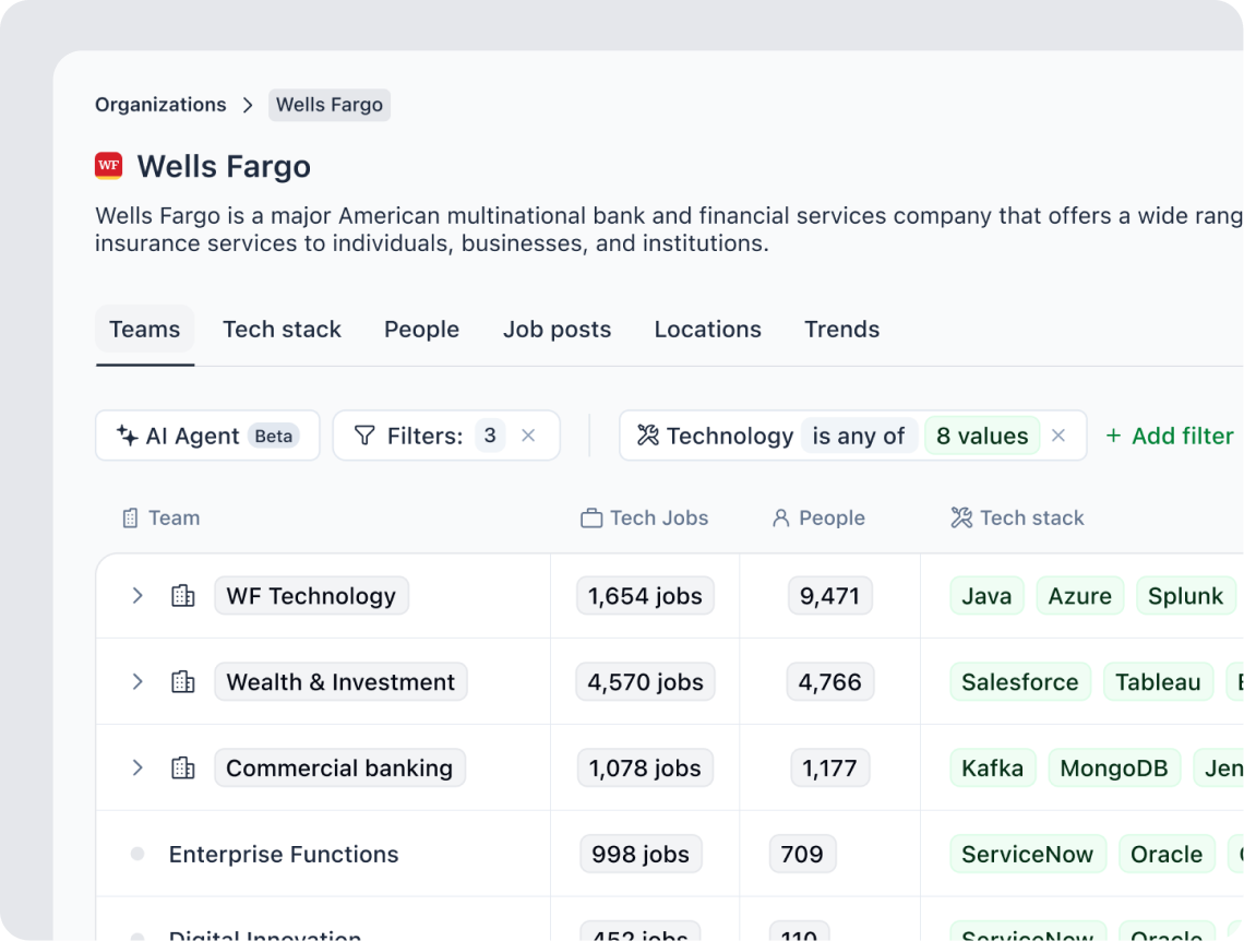 Team and technology breakdown inside a target account